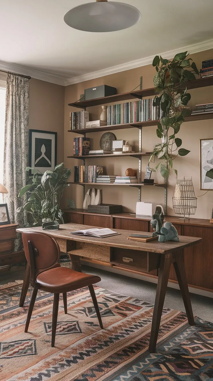 This eclectic office, a haven for creative energy, blends mid-century modern furniture with bohemian flair.  The maximalist approach, packed with personality, makes this tiny home office a surprisingly spacious study room, perfect for graphic design work or academic design projects.  The rustic wooden desk and vintage chair offer a comfortable workspace, reflecting the unique blend of mid century office ideas and bohemian office style.