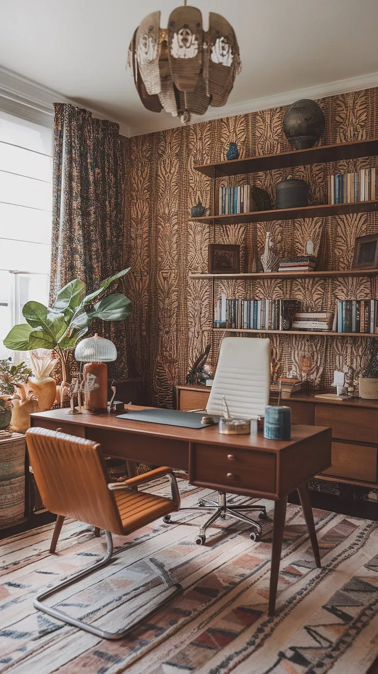 This eclectic home office, a vibrant blend of mid-century office ideas and bohemian flair, proves that even a tiny home office can be a maximalist masterpiece.  The academic design elements and graphic design office aesthetic create a stimulating study room perfect for creative work.