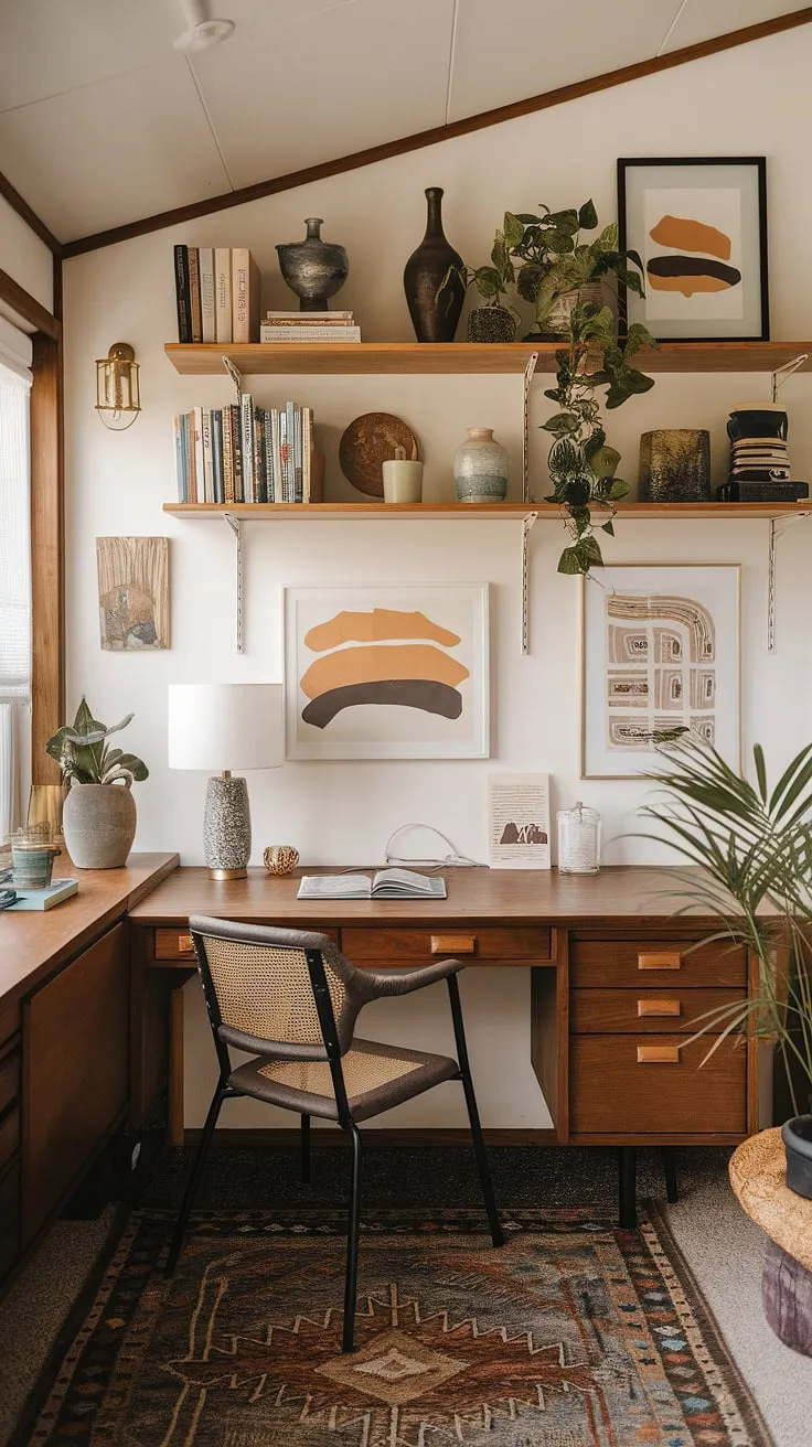 My eclectic home office, a vibrant blend of mid-century modern and bohemian influences, is where academic design meets maximalist office ideas.  This tiny home office, doubling as a graphic design studio and study room, is a testament to the power of personality in even the smallest spaces.
