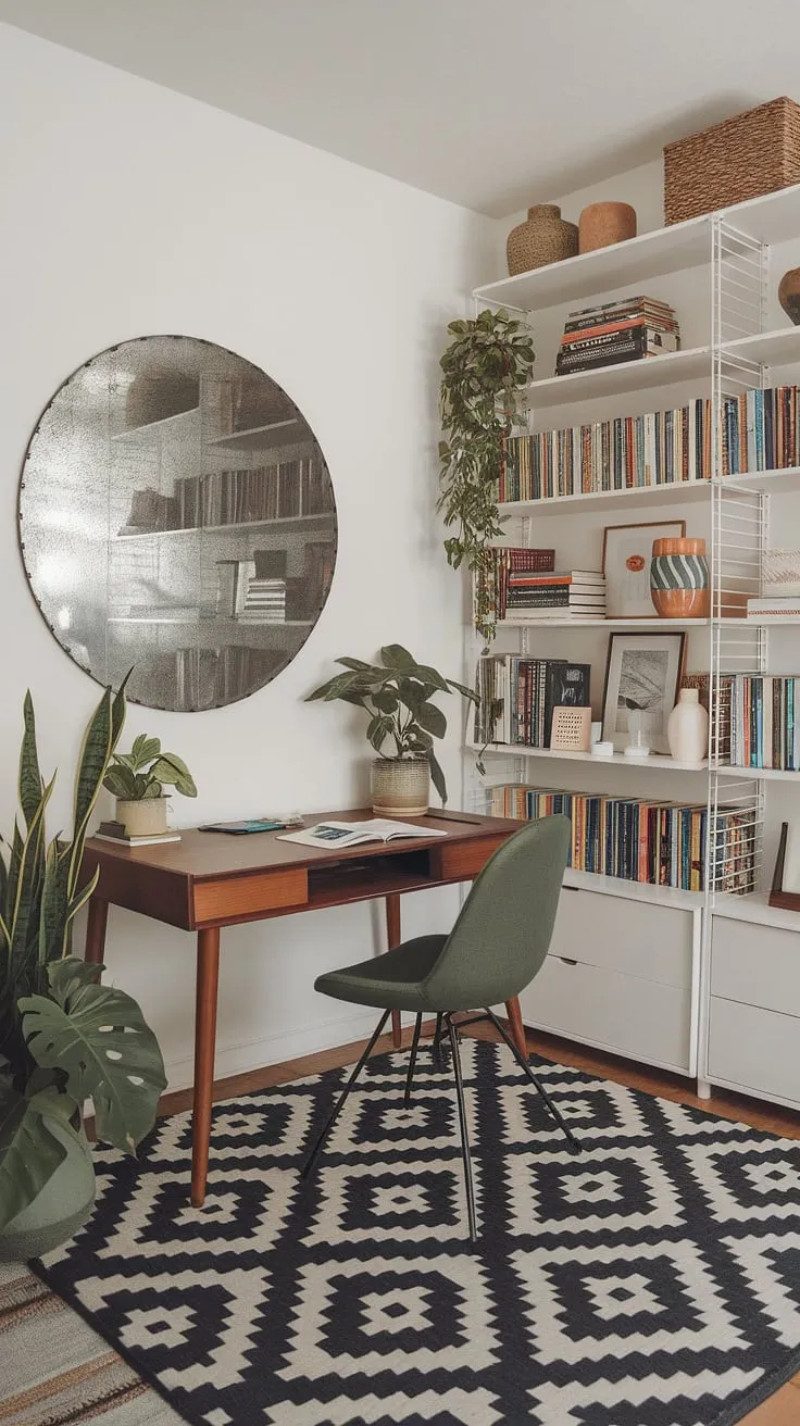 My eclectic home office, a vibrant blend of mid-century modern and bohemian influences, is where academic design meets maximalist office ideas.  This tiny home office, doubling as a study room and graphic design workspace, is a testament to the power of personality in even the smallest spaces.