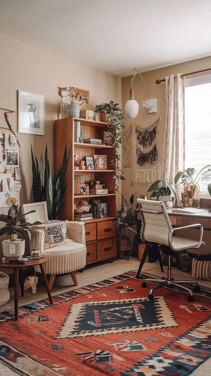 A maximalist dream realized: this bohemian office showcases eclectic style in a surprisingly functional tiny home office setup.  Mid-century office ideas mingle seamlessly with graphic design elements, creating an inspiring and uniquely academic study room.