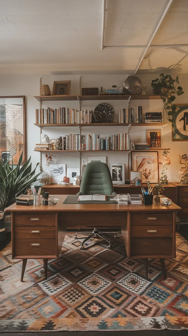 A maximalist dream realized: this bohemian office showcases eclectic style in a compact space.  Mid-century office ideas meet graphic design inspiration in this tiny home office, creating a study room brimming with academic design and personality.
