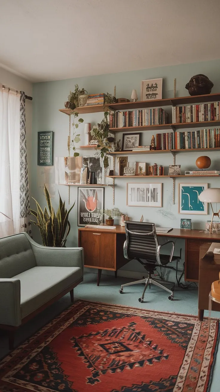 A graphic design office with a soul: this maximalist office ideas haven is a testament to eclectic office design.  The mid-century office ideas are subtly woven into the bohemian office vibe, creating a cozy yet stimulating study room perfect for any academic design enthusiast.  This tiny home office proves that big style doesn't require big space.