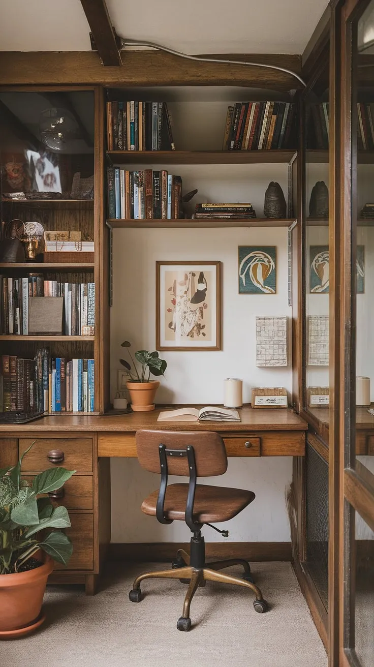 This eclectic home office, a vibrant blend of mid-century office ideas and bohemian flair, proves that even a tiny home office can be a maximalist masterpiece.  The academic design elements perfectly complement the graphic design work, creating a study room bursting with personality.