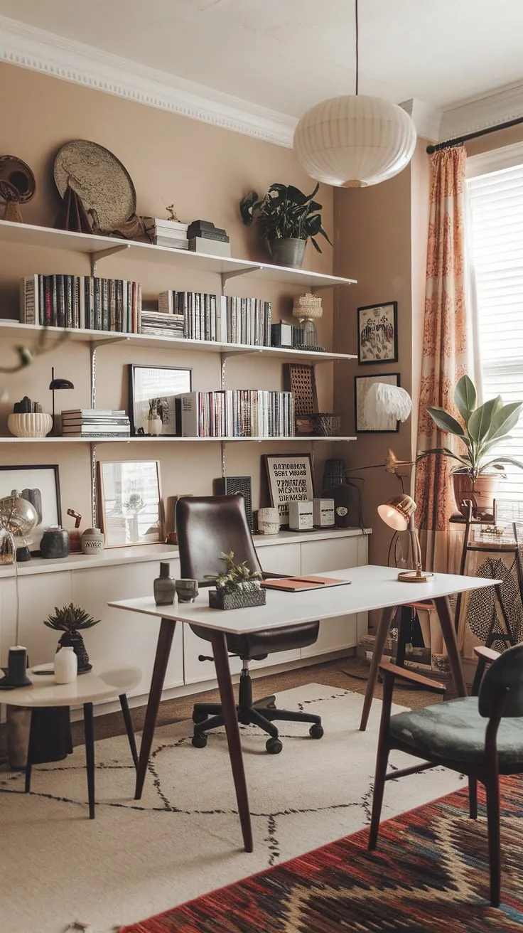 My eclectic home office, a vibrant blend of mid-century modern and bohemian influences, is where academic design meets maximalist office ideas.  This tiny home office, doubling as a study room and graphic design workspace, is a testament to the power of personality in even the smallest spaces.