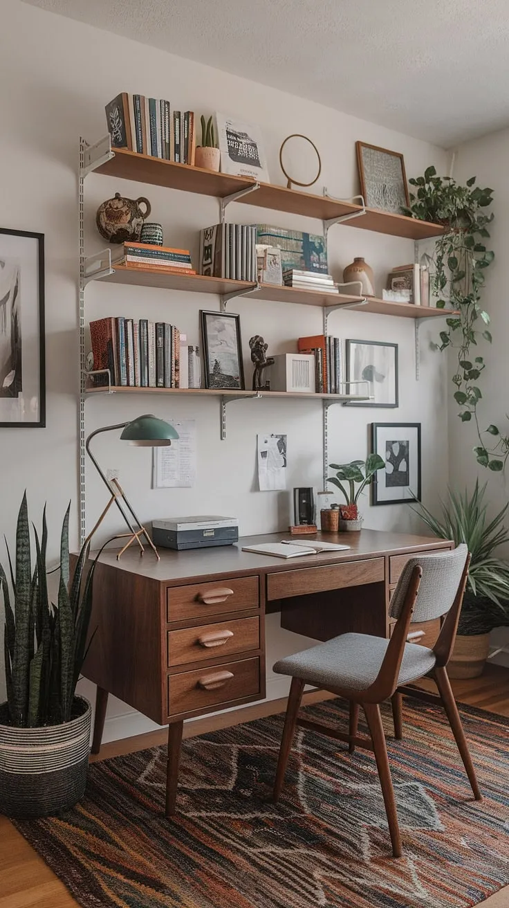 A maximalist dream realized: this bohemian office showcases eclectic style in a compact space.  Mid-century office ideas meet graphic design inspiration in this tiny home office, creating a study room brimming with academic design and personality.