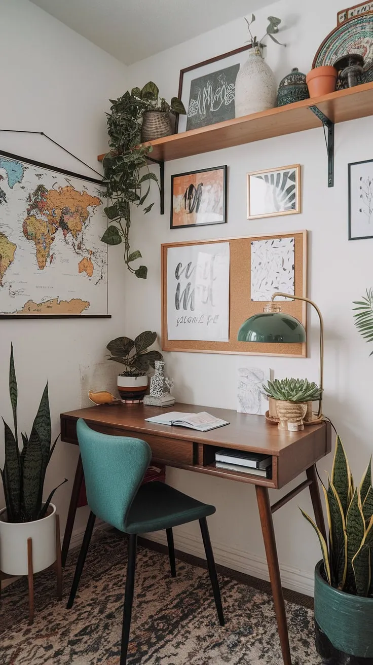 My eclectic office, a tiny home office bursting with bohemian charm and maximalist energy.  This study room, perfect for graphic design, blends mid-century office ideas with academic design, proving that even a small space can be a haven of creative inspiration.  The perfect example of tiny home office and maximalist office ideas.