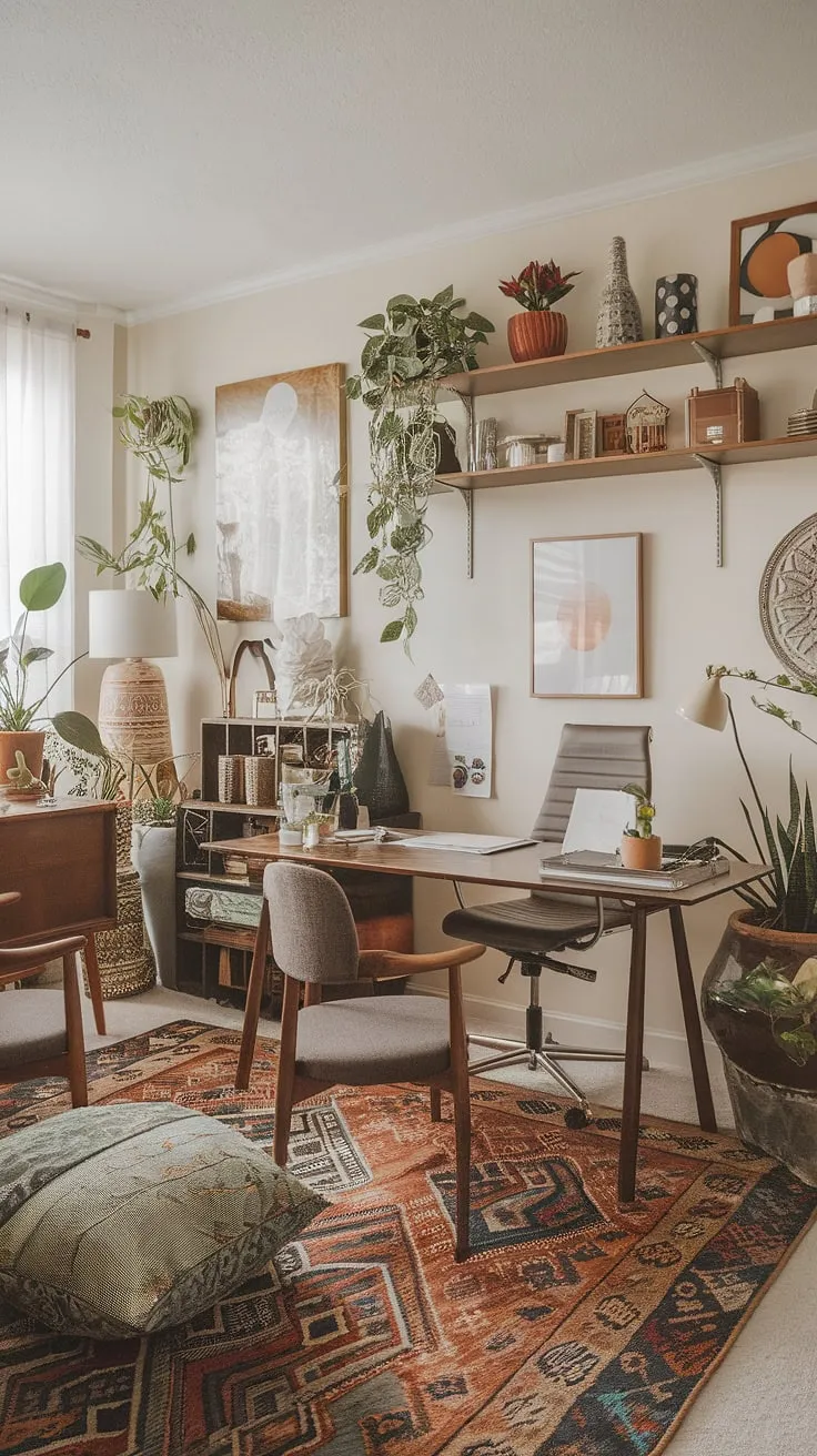 My eclectic home office, a vibrant blend of mid-century modern and bohemian influences, is where academic design meets maximalist office ideas.  This tiny home office, doubling as a study room and graphic design workspace, is a testament to the power of personality in even the smallest spaces.