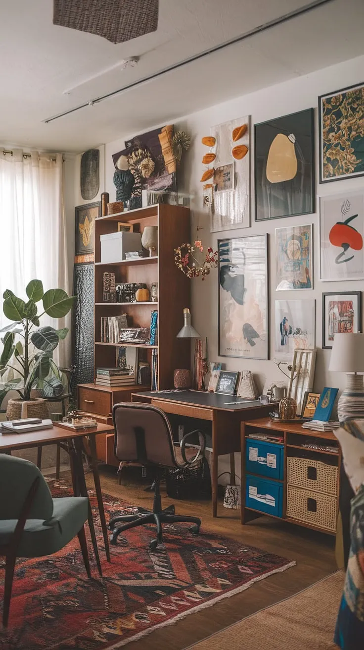 This eclectic home office, a vibrant blend of mid-century office ideas and bohemian flair, proves that even a tiny home office can be a maximalist masterpiece.  The academic design elements and graphic design office aesthetic create a truly inspiring study room.