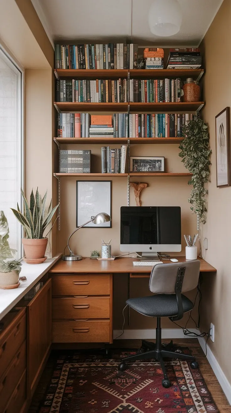 Maximize your productivity in this charming tiny home office.  Mid-century office ideas meet eclectic style in this cozy study room, showcasing a bohemian office vibe with a maximalist approach. The graphic design office setup is perfect for those seeking inspiration in a space that's both functional and aesthetically pleasing.