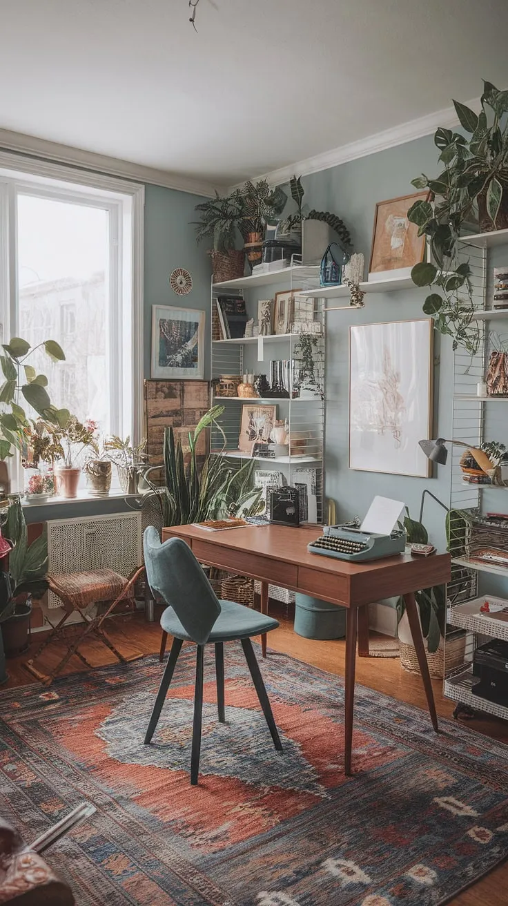 A maximalist dream realized: this bohemian office showcases eclectic style in a compact space.  Mid-century office ideas meet graphic design inspiration in this tiny home office, creating a study room brimming with academic design and personality.