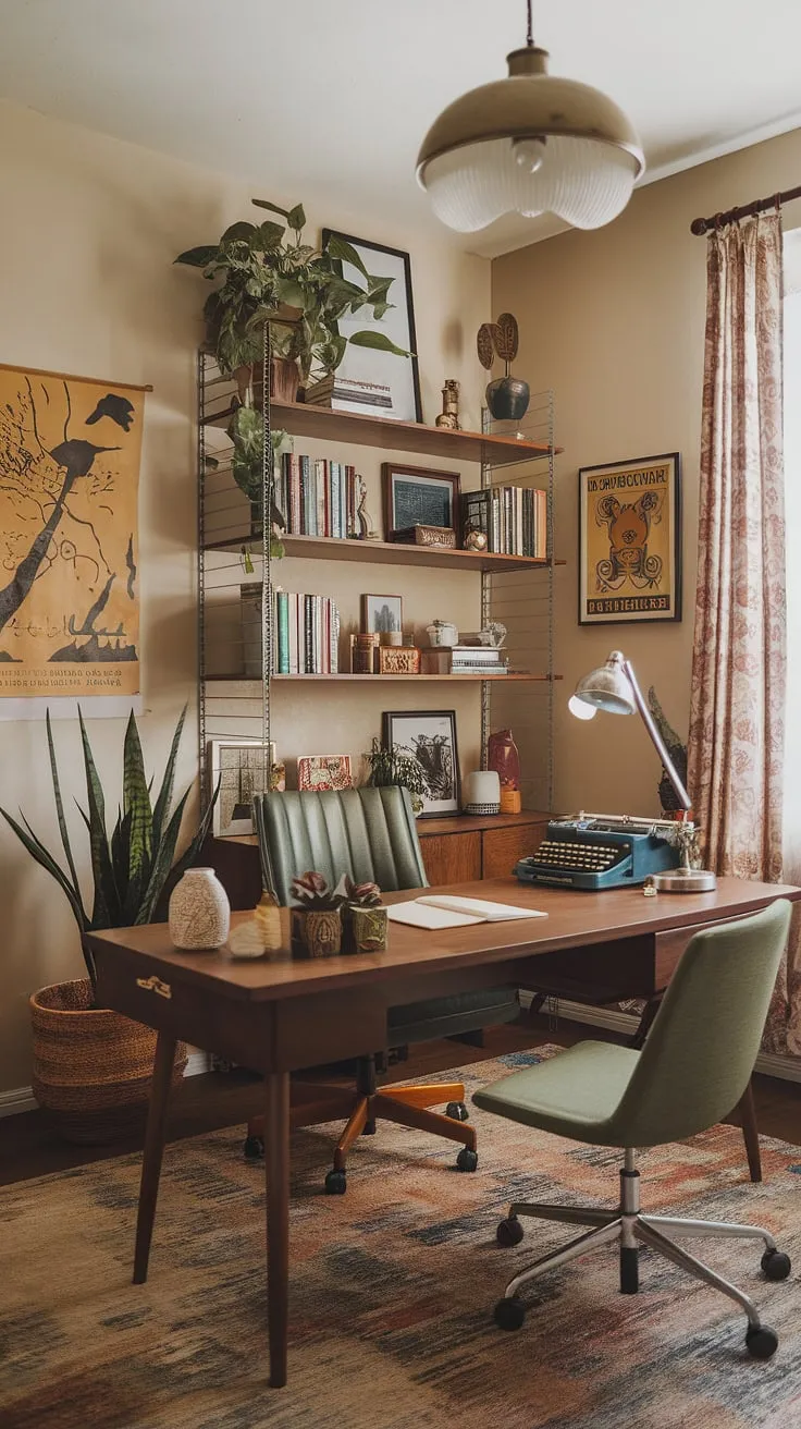 A maximalist dream come true! This bohemian office, brimming with eclectic charm and mid-century office ideas, transforms a small space into a powerful graphic design studio and inspiring study room.  Perfect for those seeking tiny home office solutions with academic design.