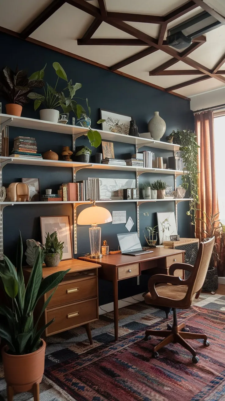 A maximalist office brimming with bohemian charm, this home office showcases the best of mid-century office ideas. The dark blue walls provide a sophisticated backdrop for the white shelves overflowing with plants, books, and decorative treasures, creating a truly eclectic office space.  Perfect for a graphic designer or anyone seeking a stimulating study room, this tiny home office is a testament to how personality and functionality can coexist beautifully.