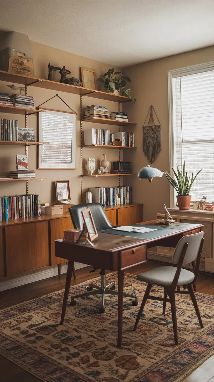 A maximalist dream come true! This bohemian office, brimming with eclectic charm and mid-century office ideas, transforms a small space into a powerful graphic design studio and inspiring study room.  Perfect for those seeking tiny home office solutions with academic design.