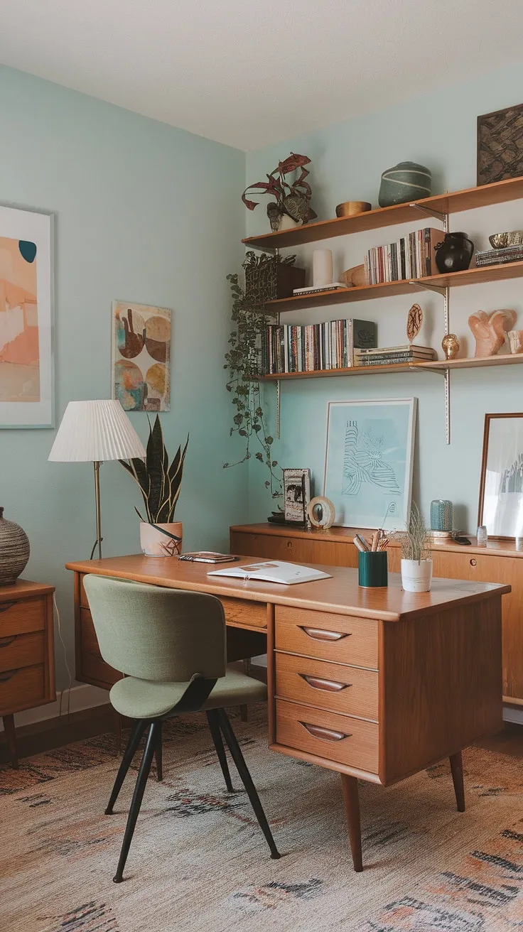 A maximalist dream realized: this bohemian office showcases eclectic style in a compact space.  Mid-century office ideas mingle seamlessly with graphic design elements, creating a tiny home office that's both functional and aesthetically stunning, perfect for academic pursuits.