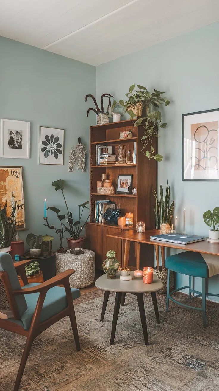 A maximalist dream realized: this bohemian office showcases eclectic style in a compact space.  Mid-century office ideas are cleverly incorporated into this tiny home office, resulting in a graphic design office with an undeniably academic design and inspiring study room atmosphere.