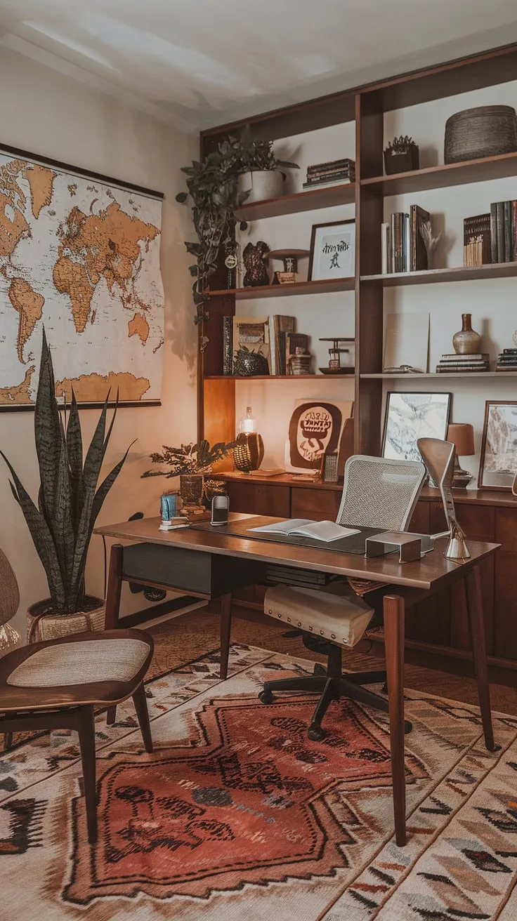 My bohemian office, a maximalist dream come true! This home office, brimming with personality, showcases mid-century office ideas and eclectic touches.  The result? A cozy and productive study room, ideal for any graphic designer seeking maximalist office ideas in a tiny home office space.