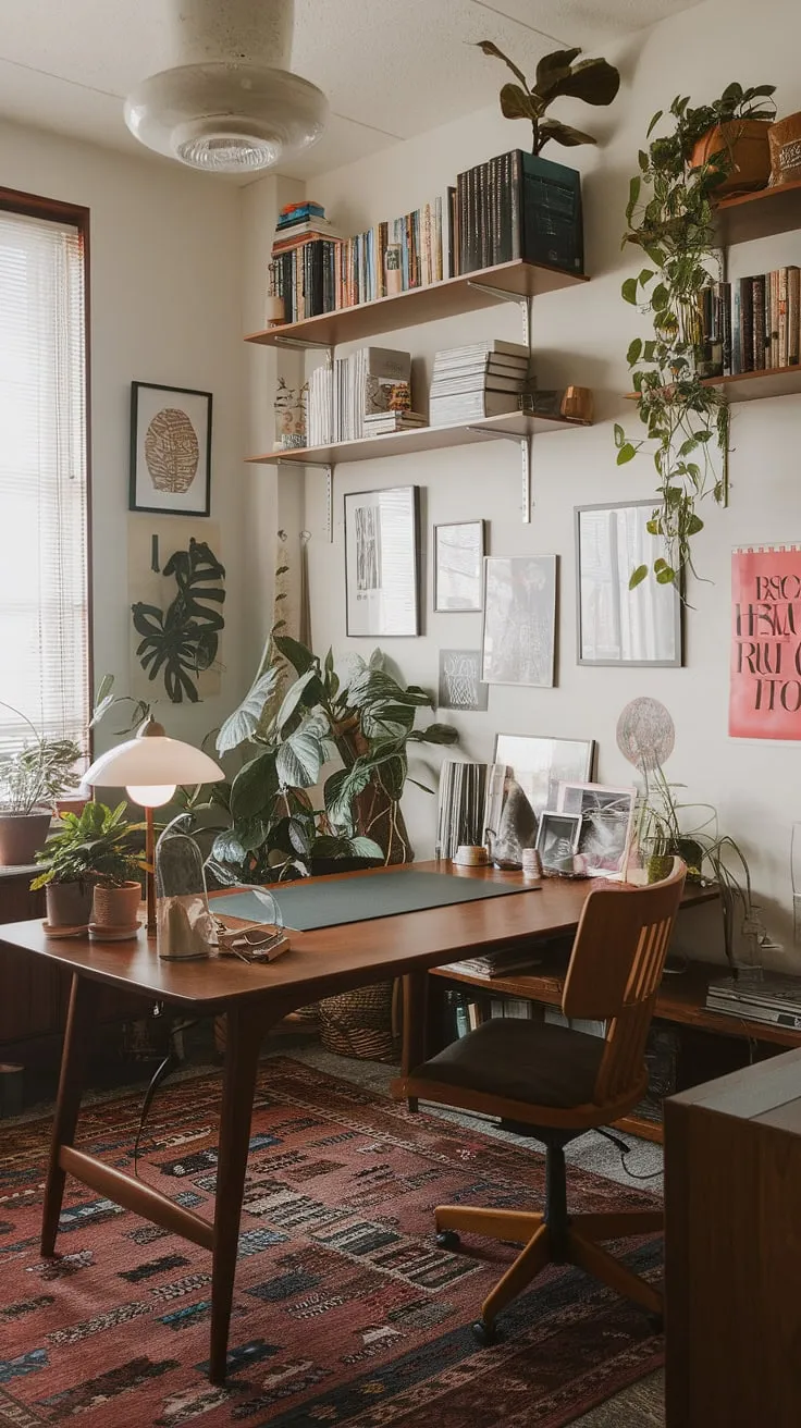 A maximalist dream realized: this bohemian office showcases eclectic style in a surprisingly functional tiny home office setup.  Mid-century office ideas meet graphic design inspiration in this academic study room, brimming with personality.