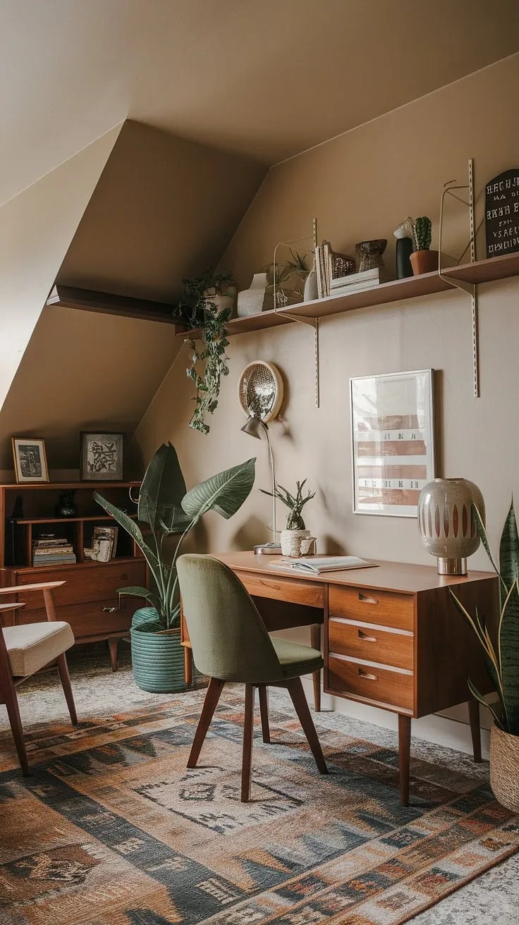 My eclectic home office, a vibrant blend of mid-century modern and bohemian influences, is where academic design meets maximalist office ideas.  This tiny home office, doubling as a study room and graphic design workspace, is a testament to the power of personality in even the smallest spaces.