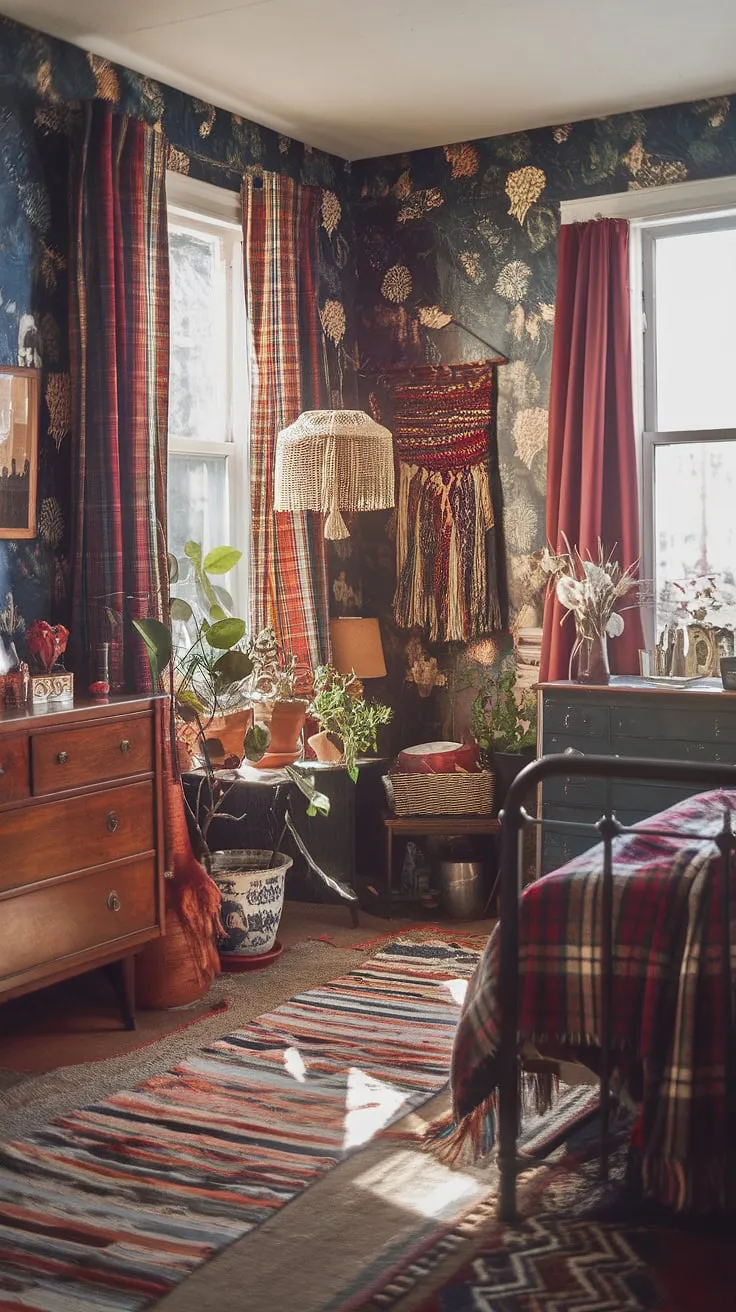 Step into this jewel tone vintage bedroom, a tiny maximalist haven of eclectic bedroom decor ideas.  The eclectic Victorian bedroom's charm lies in its playful combination of mixed patterns—floral wallpaper, striped rug, plaid blanket—all nestled within a cozy eclectic bedroom brimming with personality and vintage finds.