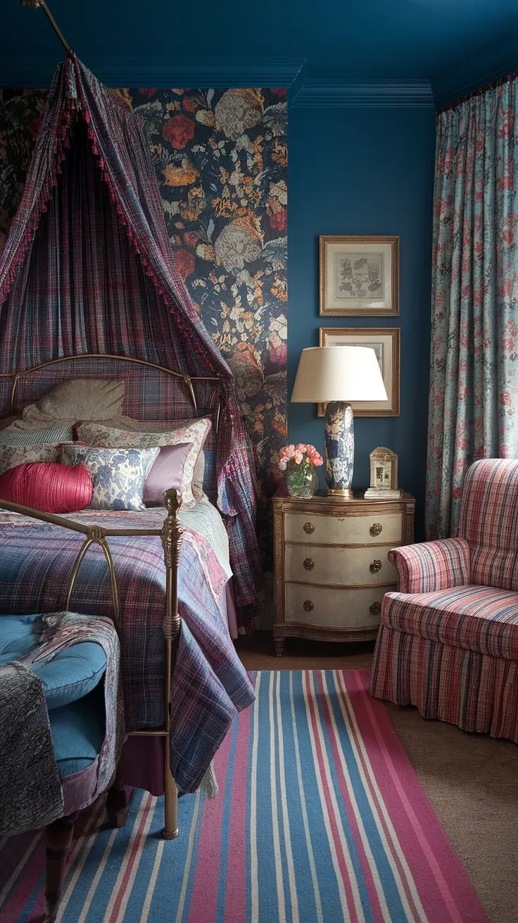 Step into this cozy eclectic vintage bedroom, a jewel tone haven where mixed patterns create a tiny maximalist dream.  The eclectic Victorian influences blend seamlessly with colorful maximalist decor, offering a wealth of eclectic bedroom decor ideas.