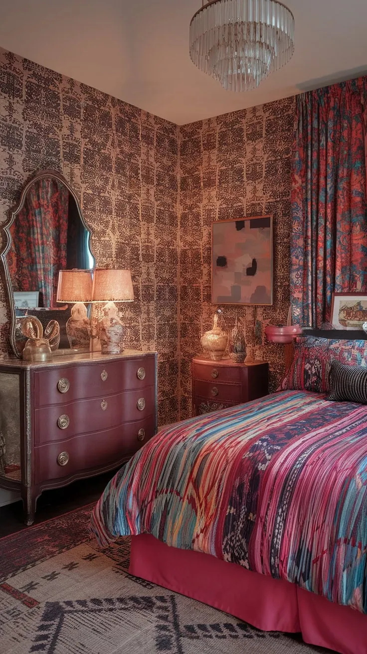 This colorful eclectic bedroom is a masterclass in tiny maximalist design.  The eclectic vintage bedroom's jewel-tone palette and mixed patterns create a vibrant, yet surprisingly cozy atmosphere, showcasing the best of eclectic Victorian and colorful maximalist styles.