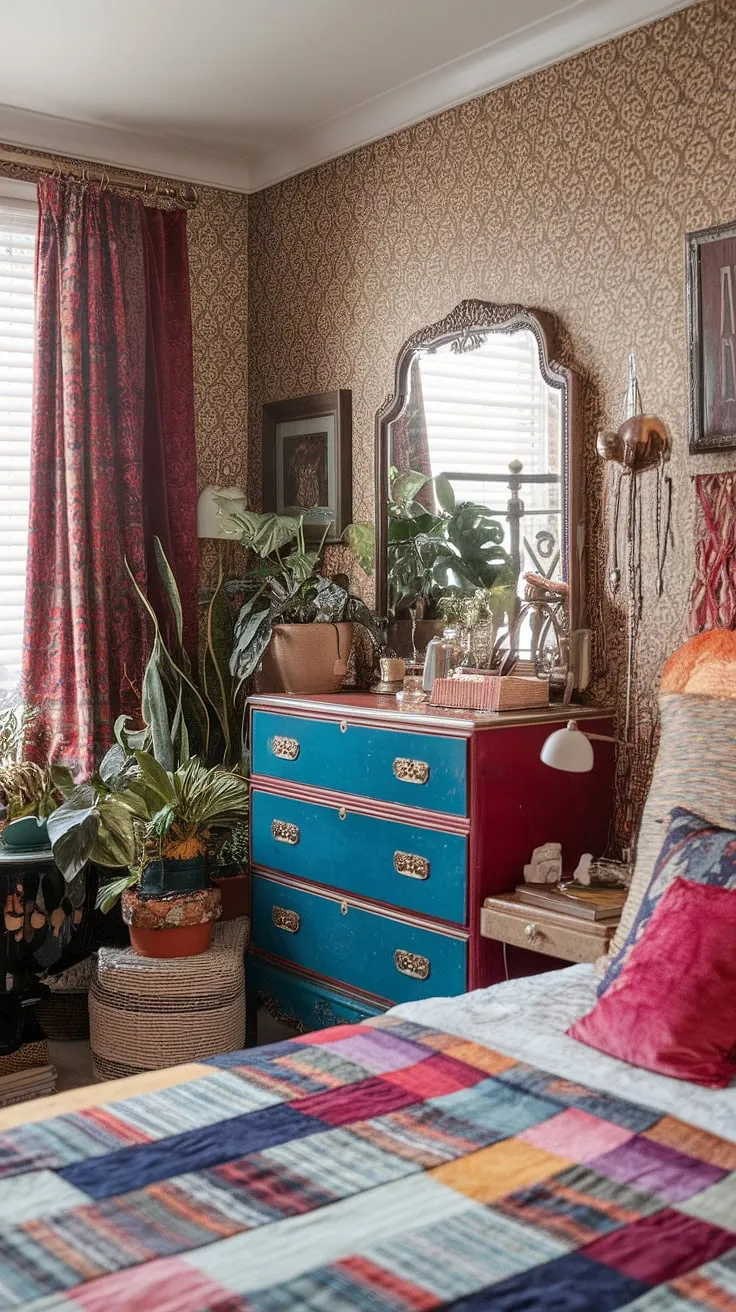 Step into this cozy eclectic bedroom, a tiny maximalist haven bursting with jewel-tone vintage finds and mixed patterns.  Eclectic Victorian details blend seamlessly with colorful maximalist flair, offering a wealth of eclectic bedroom decor ideas for your own space.