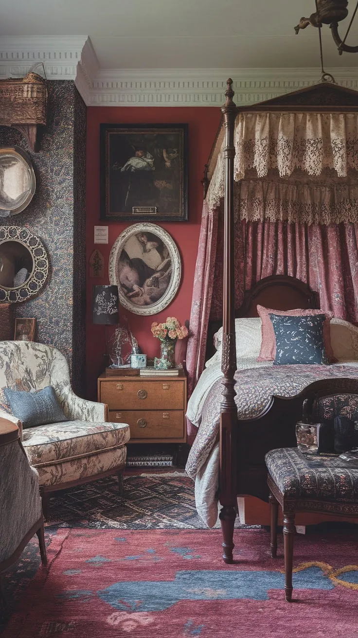 Step into this cozy eclectic bedroom, a jewel tone haven where Victorian elegance meets modern flair.  Mixed patterns create a vibrant, tiny maximalist space bursting with colorful eclectic bedroom decor ideas.  The four-poster bed, vintage paintings, and floral chair contribute to the unique charm of this colorful maximalist bedroom.