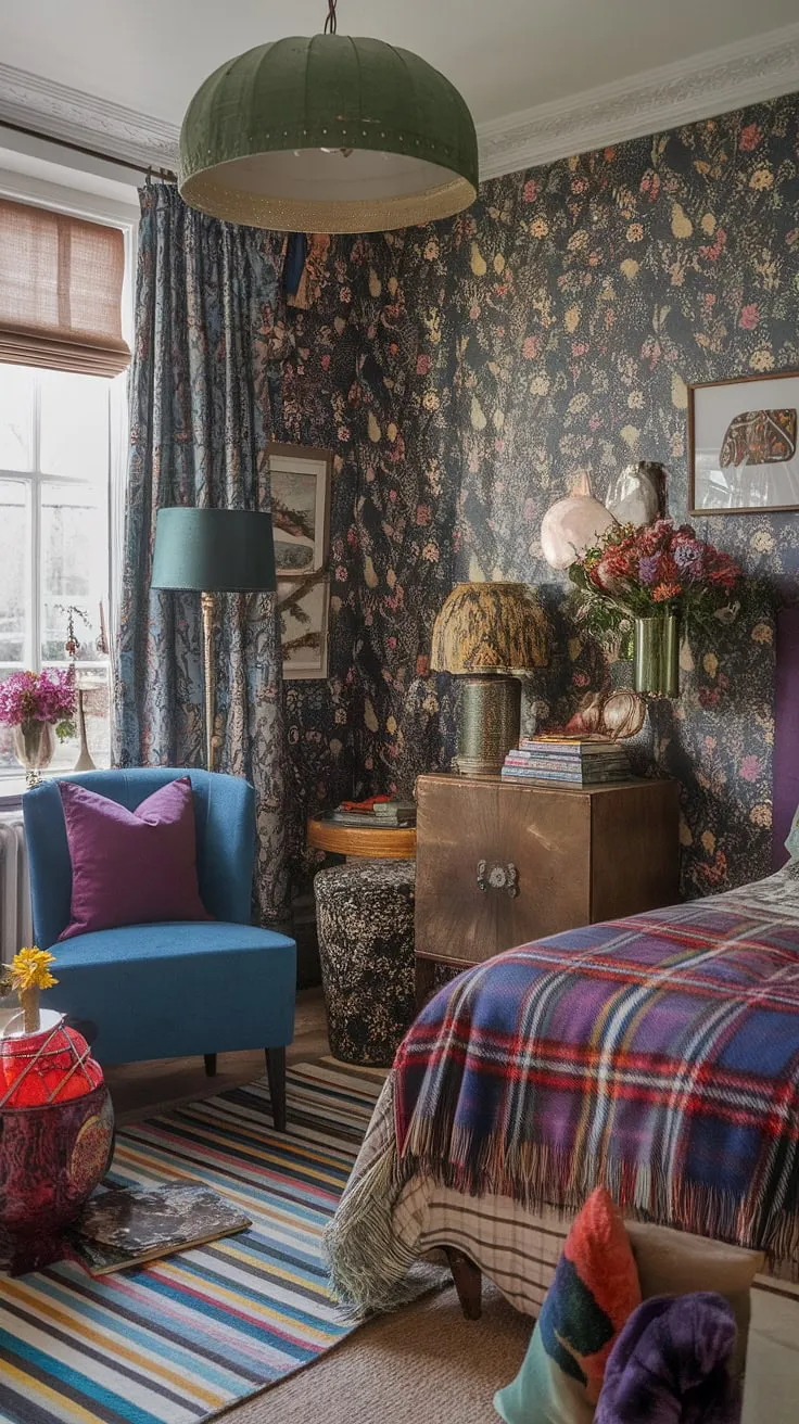 Step into this cozy eclectic bedroom, a tiny maximalist haven bursting with jewel-tone vintage finds and mixed patterns.  Eclectic Victorian details blend seamlessly with colorful maximalist flair, offering a wealth of eclectic bedroom decor ideas for your own space.