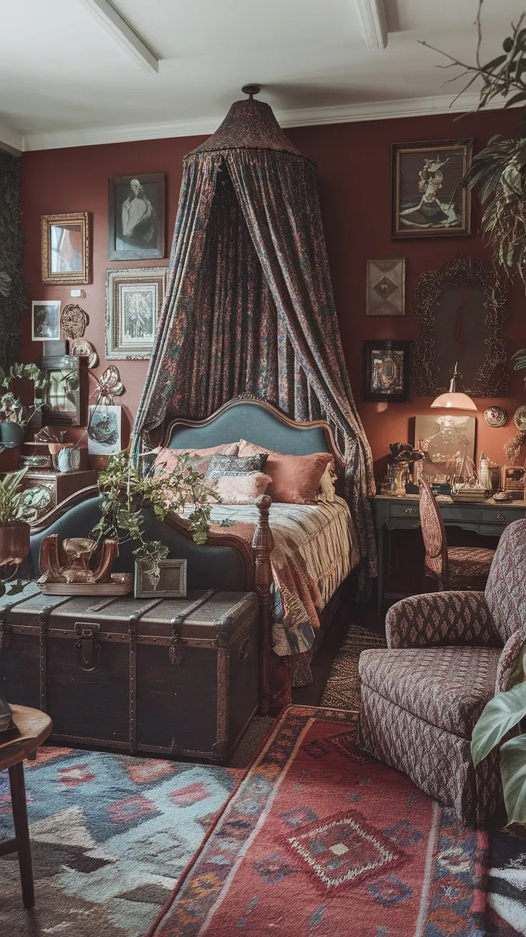 Dive into the richly layered world of this colorful eclectic bedroom.  An eclectic vintage bedroom, this space is a masterclass in tiny maximalist design, showcasing jewel tone vintage furniture and a delightful mix of patterns.  The Victorian-inspired bed and eclectic bedroom decor ideas create a truly unique and cozy retreat.
