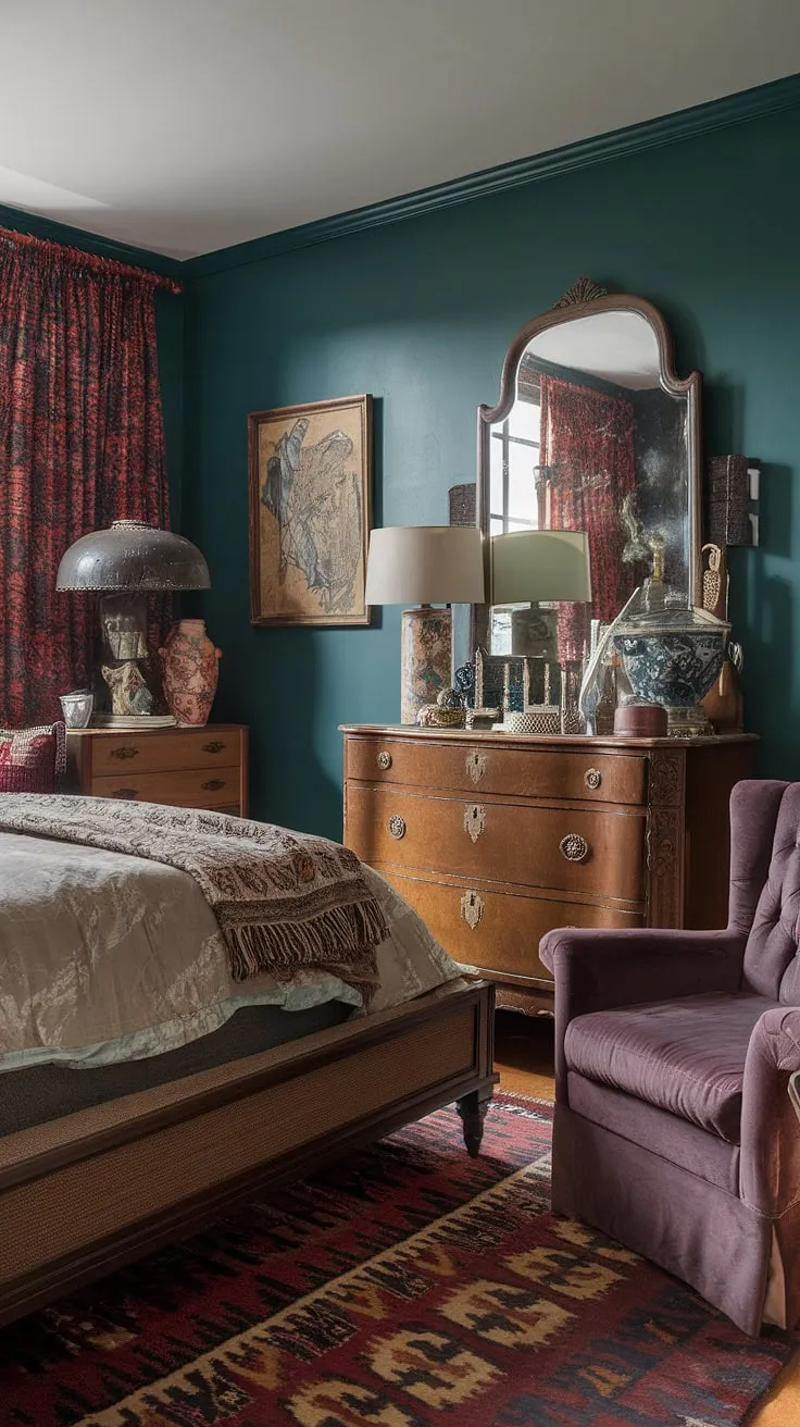 Step into this cozy eclectic bedroom, a tiny maximalist haven bursting with jewel-tone vintage finds and mixed patterns.  Eclectic Victorian details blend seamlessly with colorful maximalist flair, offering a wealth of eclectic bedroom decor ideas for your own space.