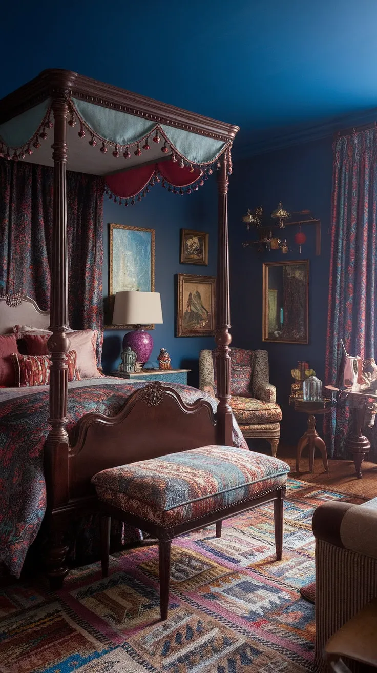 This colorful eclectic bedroom is a masterclass in tiny maximalist design.  The eclectic vintage bedroom features a stunning array of jewel tones and mixed patterns, creating a vibrant and cozy eclectic space perfect for drawing eclectic Victorian bedroom inspiration.