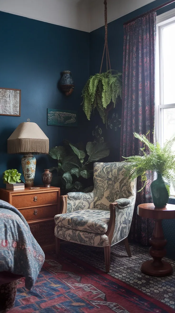 This colorful eclectic bedroom is a masterclass in tiny maximalist design.  The eclectic vintage bedroom features a stunning array of jewel tones and mixed patterns, creating a vibrant yet cozy Victorian-inspired retreat.  Find inspiration for your own eclectic bedroom decor ideas within this richly layered space.