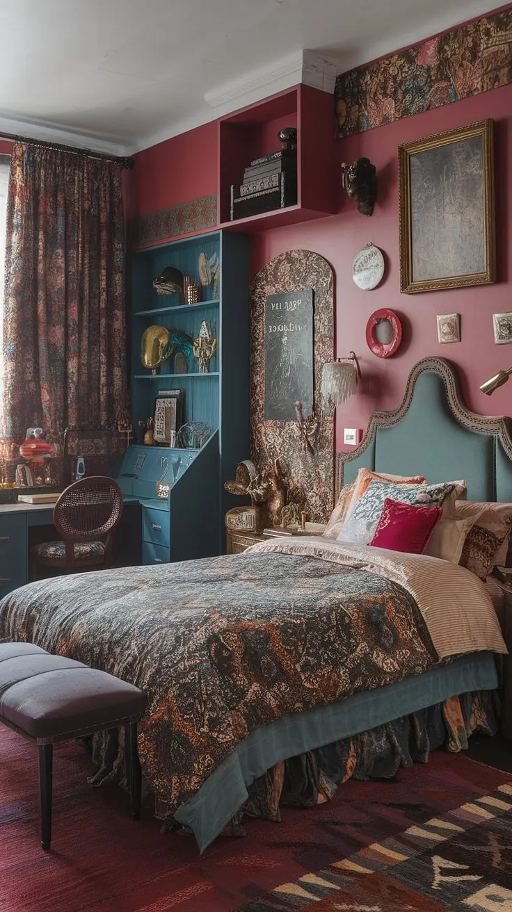 This colorful eclectic bedroom is a masterclass in tiny maximalist design.  The eclectic vintage bedroom's jewel tones and mixed patterns create a surprisingly harmonious and cozy atmosphere, showcasing the best of eclectic Victorian and colorful maximalist aesthetics.