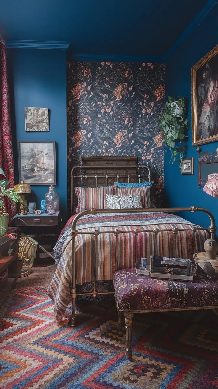 This jewel tone vintage bedroom is a testament to the beauty of a tiny maximalist bedroom.  The eclectic Victorian aesthetic, complete with mixed patterns and a vibrant color palette, creates a cozy eclectic bedroom that's both charming and inspiring.  Find your own eclectic bedroom decor ideas within this colorful maximalist space.
