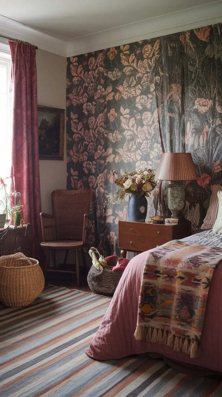 This colorful eclectic bedroom is a masterclass in tiny maximalist design.  The eclectic vintage bedroom features a captivating mix of patterns and jewel tones, creating a vibrant yet cozy Victorian-inspired space brimming with eclectic bedroom decor ideas.
