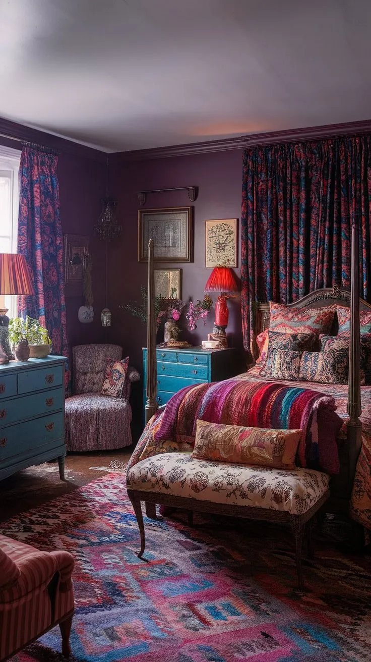 This colorful eclectic bedroom is a masterclass in tiny maximalist design.  The eclectic vintage bedroom's jewel tones and mixed patterns create a vibrant, cozy atmosphere, showcasing the best of eclectic Victorian and colorful maximalist aesthetics.