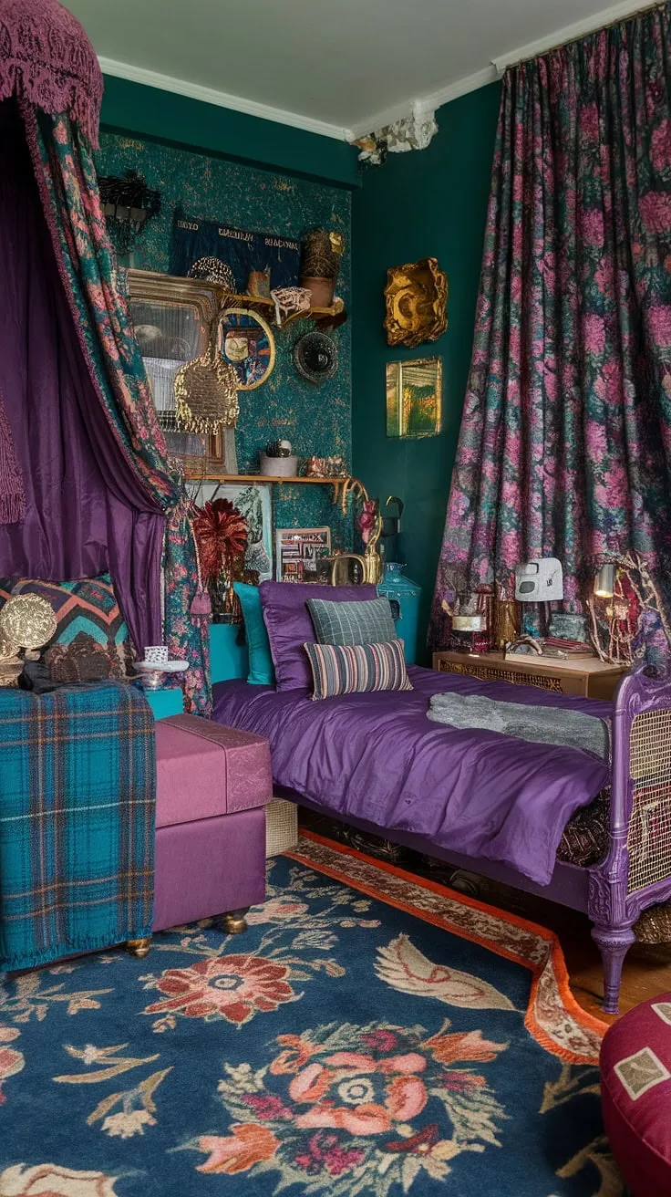 Dive into the rich textures and colors of this jewel tone vintage bedroom.  An eclectic Victorian aesthetic blends seamlessly with mid-century modern touches, resulting in a colorful eclectic bedroom brimming with character.  Mixed patterns and gold accents elevate this tiny maximalist bedroom into a cozy eclectic bedroom, showcasing the beauty of eclectic bedroom decor ideas in a small space.