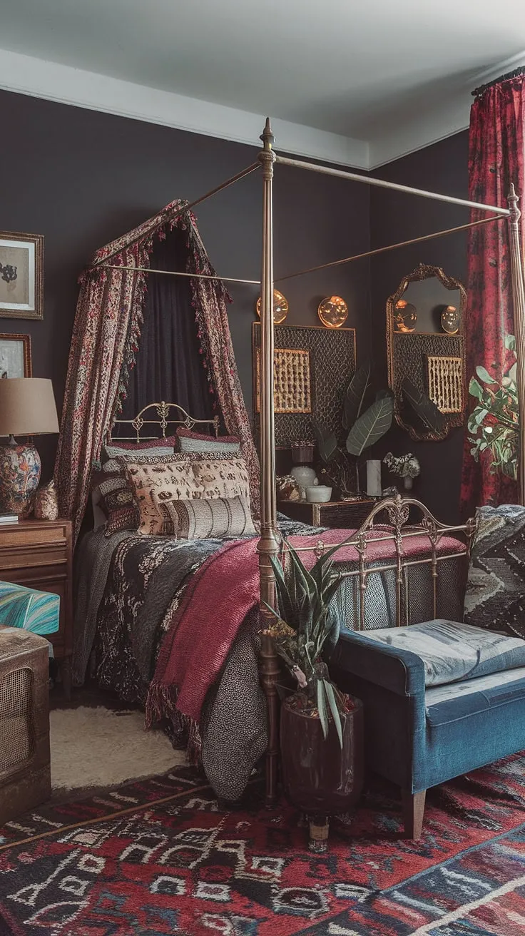 Dive into the richly layered world of this jewel tone vintage bedroom.  An eclectic Victorian aesthetic reigns supreme in this colorful maximalist bedroom, where vintage furniture and mixed patterns create a surprisingly cozy and intimate space.  Explore eclectic vintage bedroom design with this tiny maximalist bedroom, overflowing with character and charm.