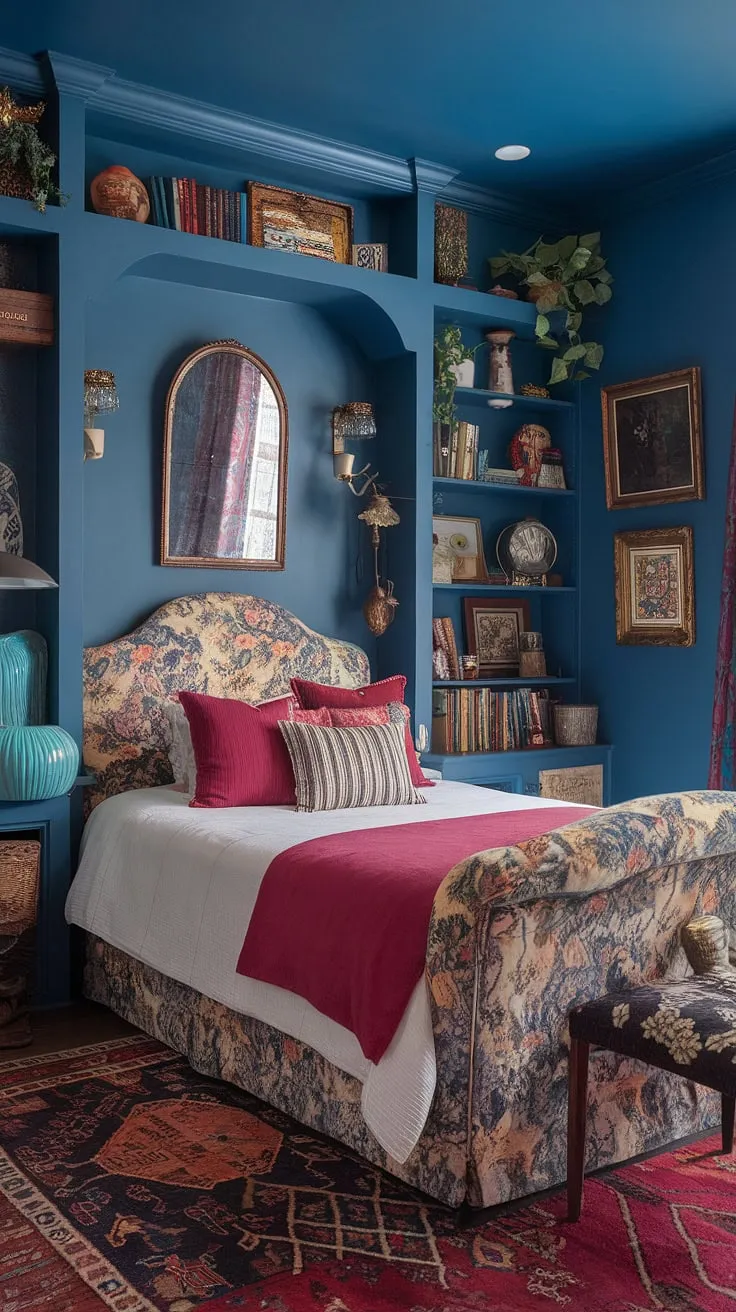 This colorful eclectic bedroom is a masterclass in tiny maximalist design.  The eclectic vintage bedroom features a stunning array of jewel tones and mixed patterns, creating a vibrant and cozy eclectic Victorian atmosphere.  Find inspiration for your own eclectic bedroom decor ideas within this jewel box of a room.