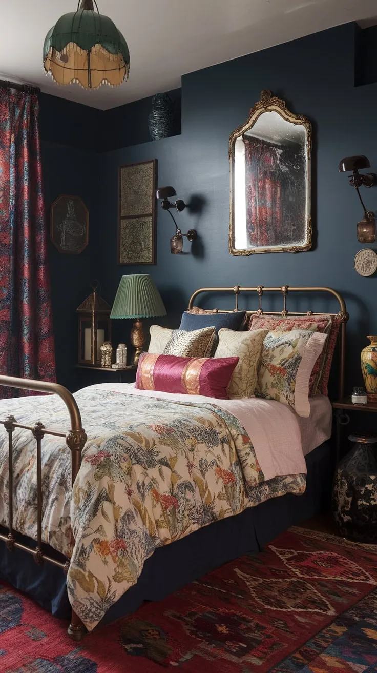 This colorful maximalist bedroom is a dream come true!  An eclectic Victorian bedroom design, it perfectly blends jewel tone vintage bedroom elements with a mixed patterns bedroom aesthetic.  Find inspiration for your own eclectic bedroom decor ideas in this tiny maximalist space.