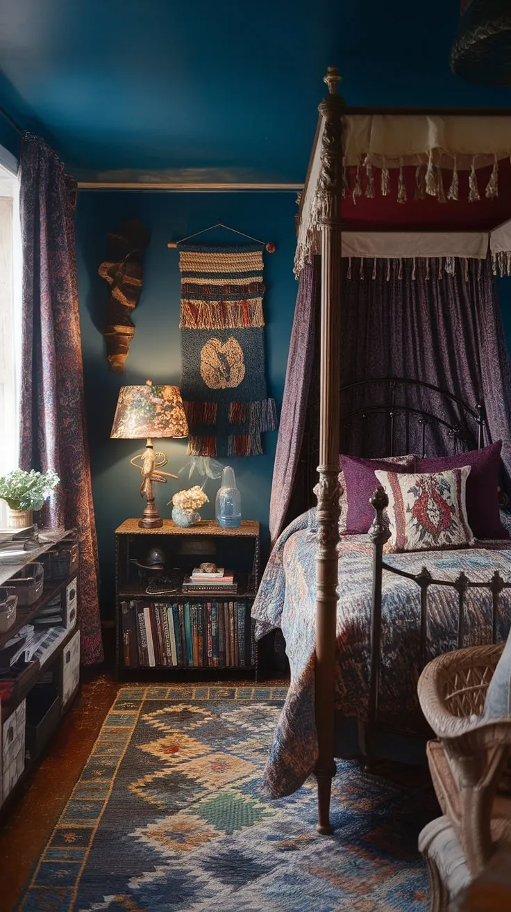 This colorful eclectic bedroom is a masterclass in tiny maximalist design.  The eclectic vintage bedroom features a stunning array of jewel tones and mixed patterns, creating a vibrant and cozy eclectic Victorian space brimming with inspiration.