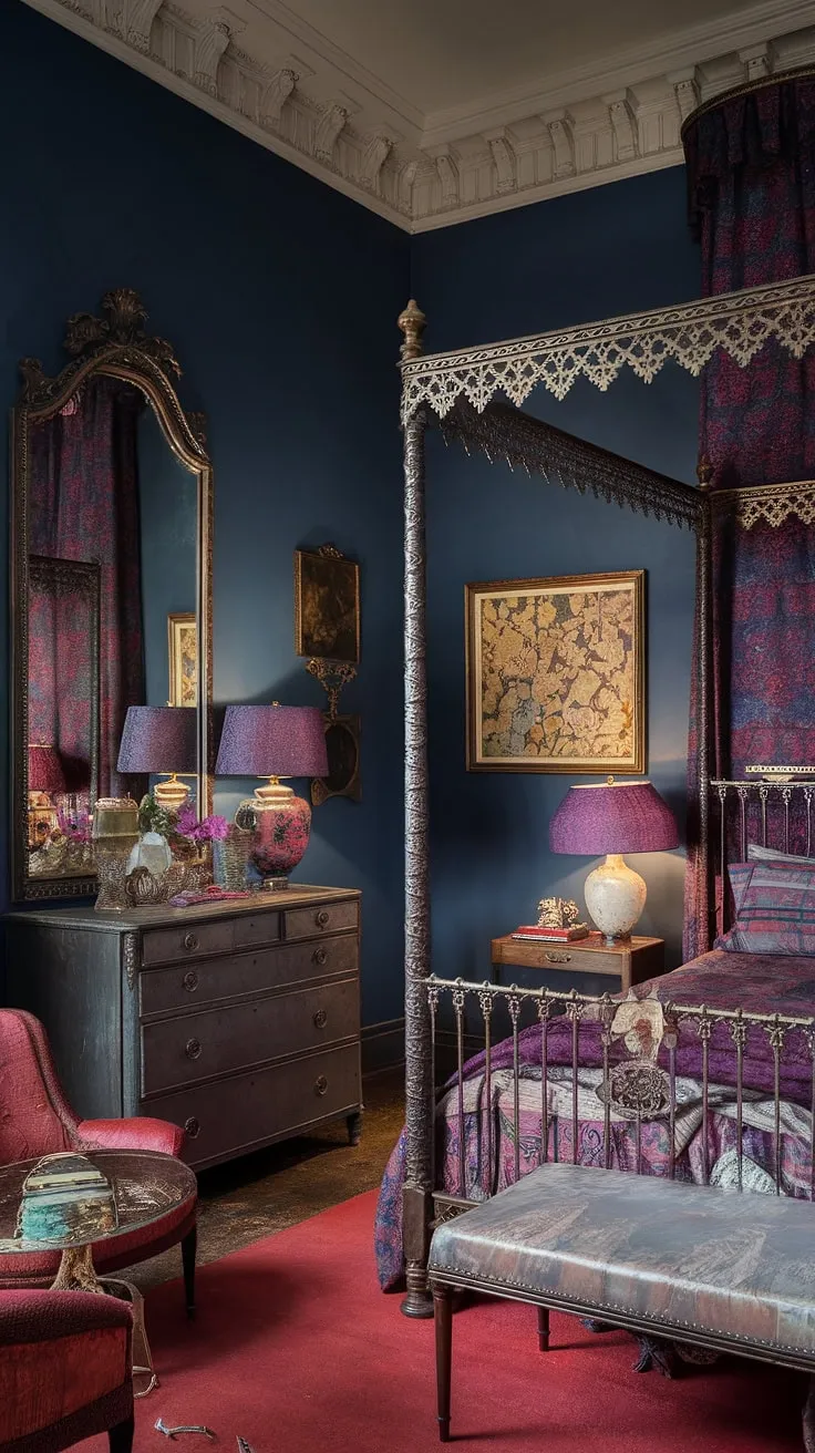 Step into this cozy eclectic bedroom, a tiny maximalist haven brimming with jewel tone vintage charm.  The eclectic Victorian architecture, mixed patterns, and colorful maximalist decor create a truly unique space.  This colorful eclectic bedroom offers endless eclectic bedroom decor ideas, proving that a small room can be bursting with personality.