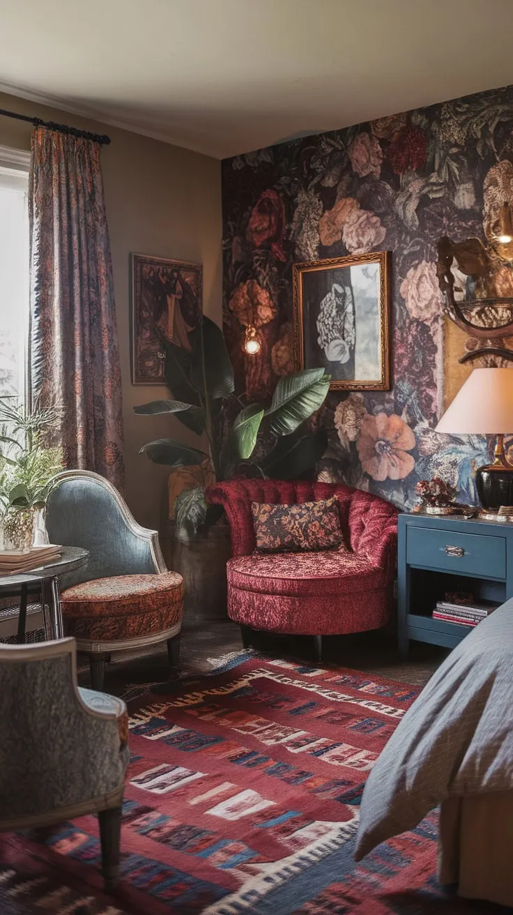 Step into this cozy eclectic bedroom, a tiny maximalist haven bursting with jewel-tone vintage finds and mixed patterns.  Eclectic Victorian details blend seamlessly with colorful maximalist flair, offering a wealth of eclectic bedroom decor ideas.