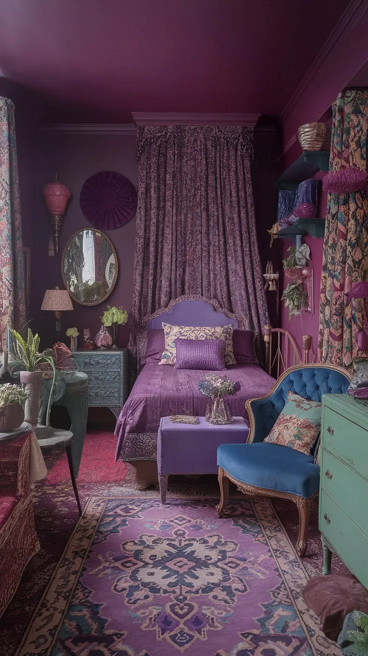 Step into this cozy eclectic bedroom, a tiny maximalist haven bursting with jewel-tone vintage finds.  Mixed patterns and eclectic Victorian details create a colorful maximalist space brimming with personality.  Get inspired by these eclectic bedroom decor ideas for your own unique and vibrant retreat.