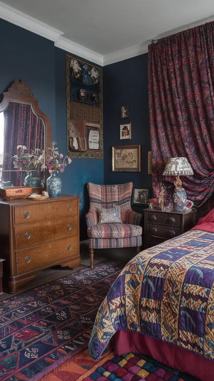 Step into this cozy eclectic bedroom, a tiny maximalist haven bursting with jewel-tone vintage charm.  Mixed patterns and eclectic Victorian details create a colorful maximalist space brimming with personality.  Find inspiration for your own eclectic bedroom decor ideas in this vibrant and uniquely styled room.