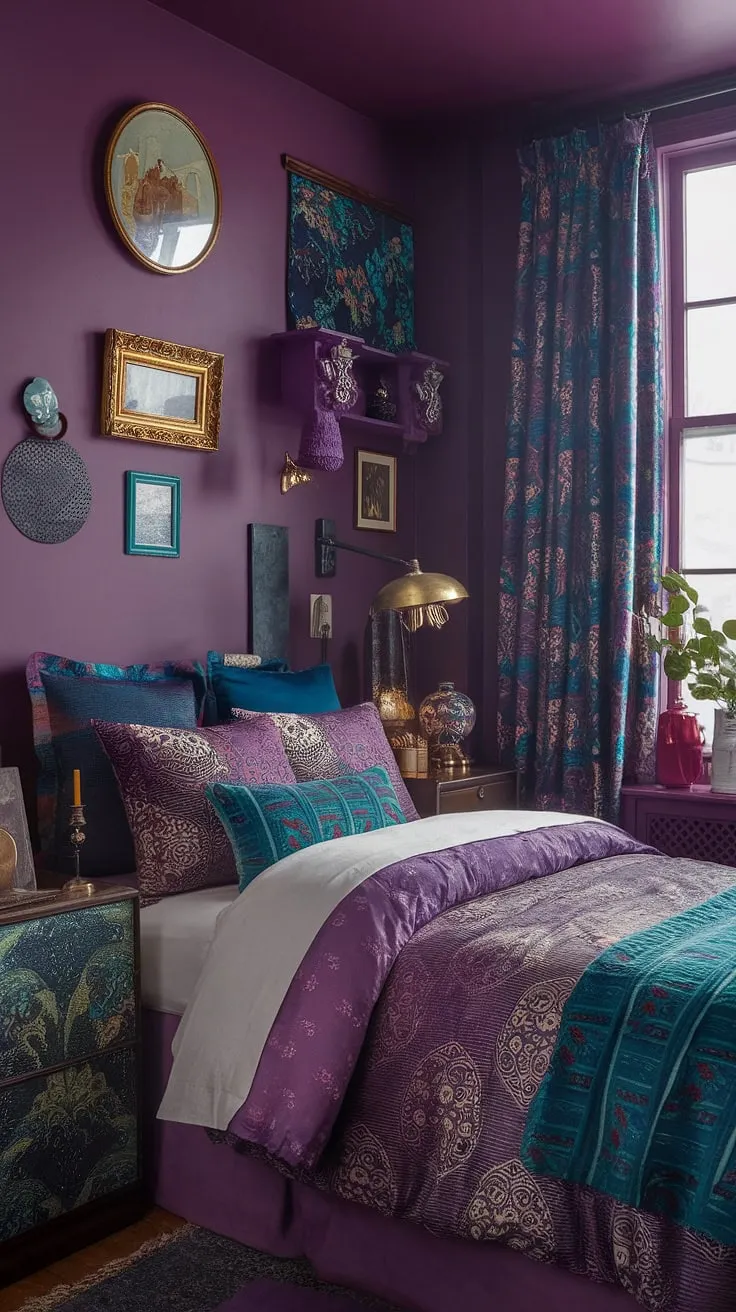 Step into this cozy eclectic bedroom, a tiny maximalist haven bursting with jewel-tone vintage charm.  Mixed patterns and eclectic Victorian details create a colorful maximalist space brimming with personality.  Find inspiration for your own eclectic bedroom decor ideas in this vibrant, colorful eclectic bedroom.