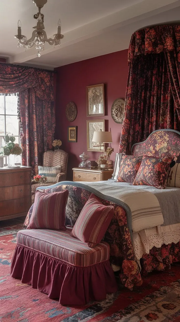 This colorful eclectic bedroom is a dream come true!  An eclectic Victorian bedroom with a jewel-tone vintage aesthetic, it's a masterclass in mixed patterns and tiny maximalist design.  Find inspiration for your own eclectic bedroom decor ideas in this warm and inviting space.