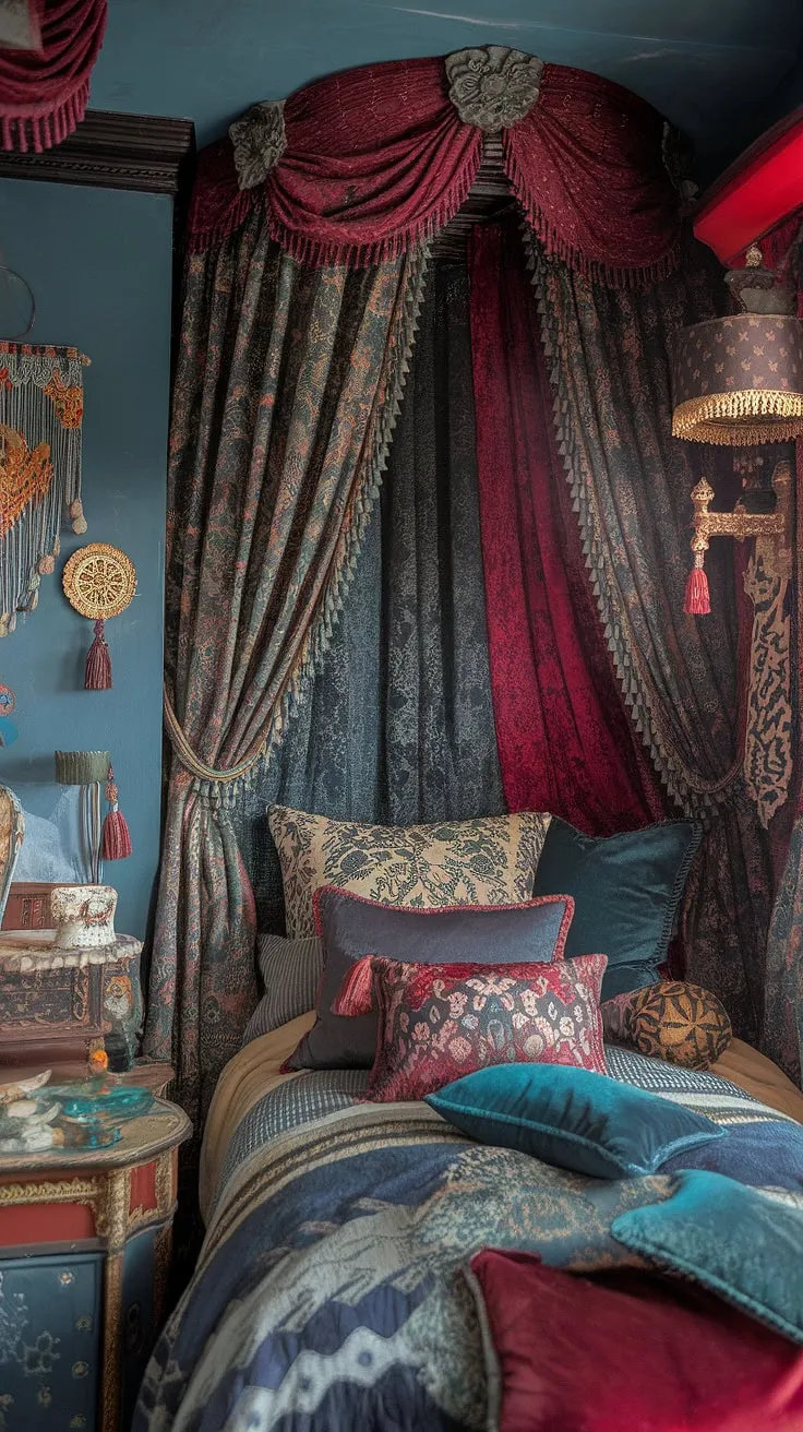 This colorful maximalist bedroom is a masterclass in eclectic vintage bedroom design.  The mixed patterns and jewel-tone palette create a surprisingly harmonious and cozy eclectic bedroom, showcasing the best of eclectic Victorian and tiny maximalist aesthetics.  Find your own inspiration for eclectic bedroom decor ideas here.