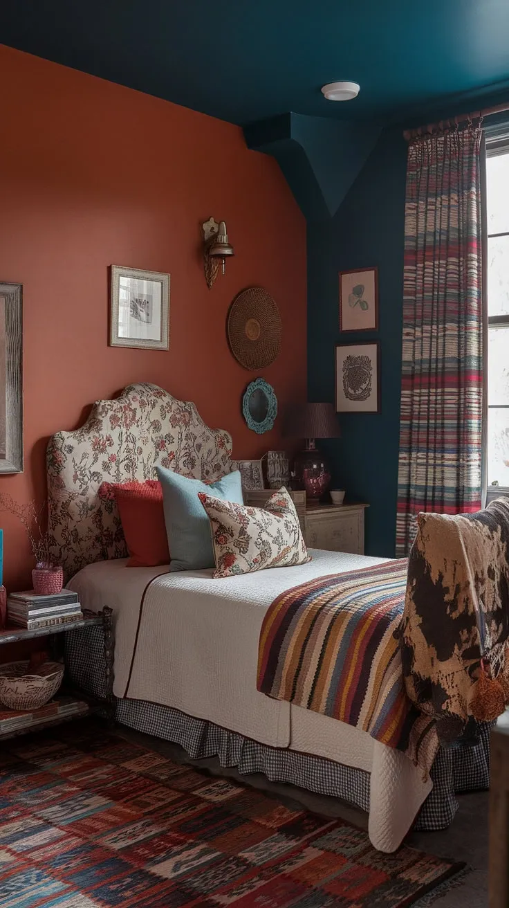 Step into this cozy eclectic bedroom, a tiny maximalist haven bursting with jewel-tone vintage charm.  Mixed patterns and eclectic Victorian details create a colorful maximalist space brimming with personality.  Find inspiration for your own eclectic bedroom decor ideas in this vibrant and uniquely styled room.
